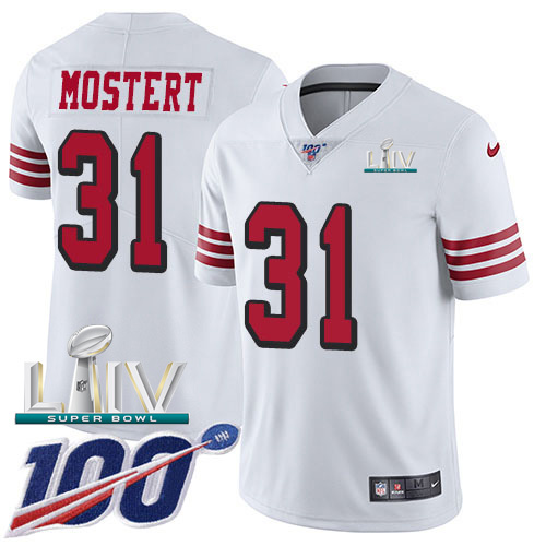 San Francisco 49ers Nike #31 Raheem Mostert White Super Bowl LIV 2020 Men Stitched NFL Limited Rush 100th Season Jersey->women nfl jersey->Women Jersey
